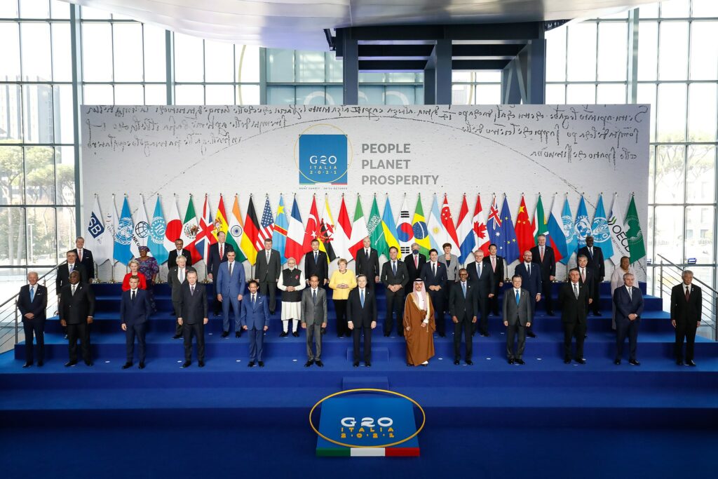 Una foto del G20 italiano, che si è svolto a Roma il 30 e il 31 ottobre 2021. Il focus del forum era incentrato sul tema: "People, Planet and Prosperity". 