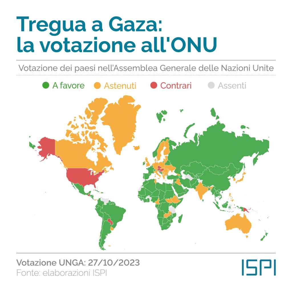 Votazioni dei paesi all'Assemblea Generale delle Nazioni Unite il 27/10/23. Fonte: ISPI