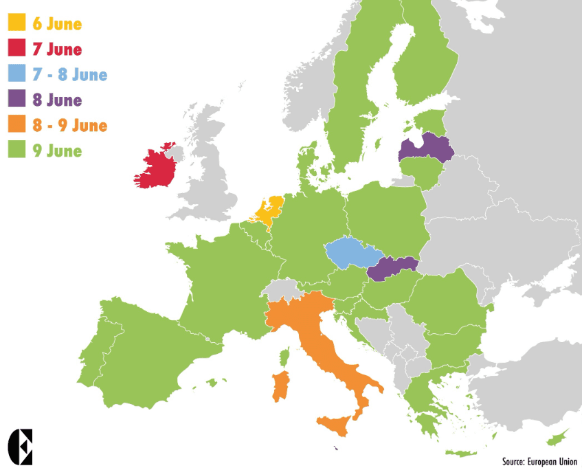Le date specifiche per votare nei diversi paesi alle elezioni europee. Fonte: europe.magazine