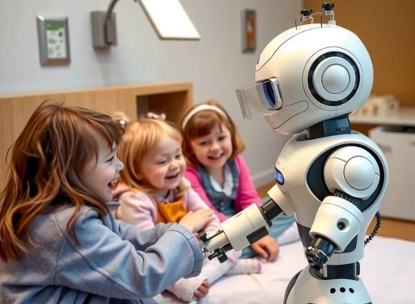 oncologia pediatrica: tre bambini giocano con un robot all'interno di un ospedale