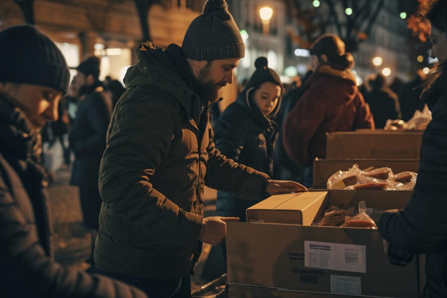 Alcuni volontari intenti a distribuire i pacchi con i regali solidali a un mercatino di Natale.