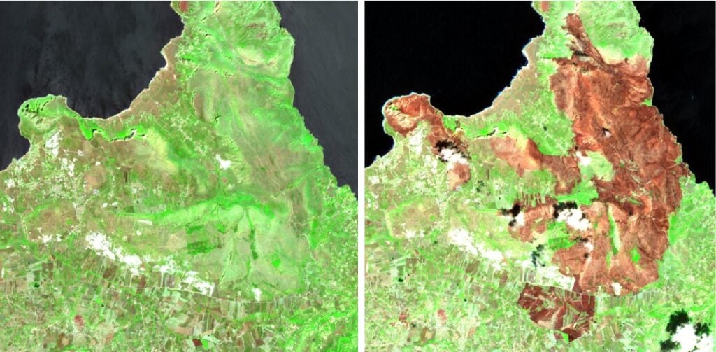 Immagini satellitari prima e dopo l'incendio del 2025 di Capo San Vito che visualizzano la differenza con falsi colori all'infrarosso.